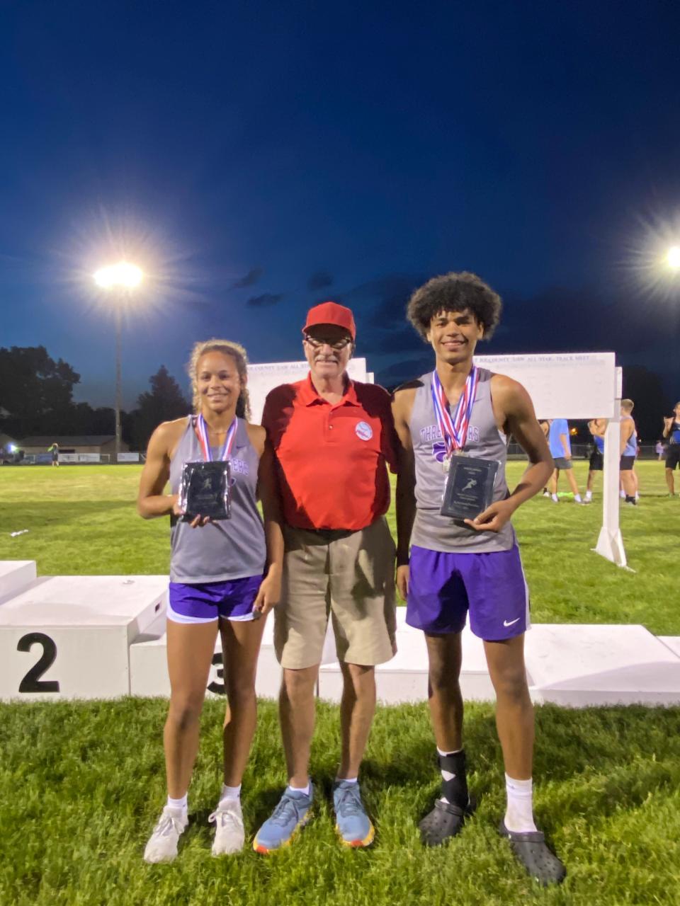 Winners of the Tim Baker award at this year's county track meet were Kylin Griffin and Jordan Pisco of Three Rivers.