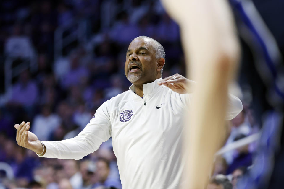 Kansas State head coach Jerome Tang reacts during the first half of an NCAA college basketball game against BYU, Saturday, Feb. 24, 2024, in Manhattan, Kan. (AP Photo/Colin E. Braley)