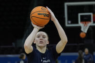UConn's Paige Bueckers shoots during a practice for an NCAA Women's Final Four semifinals basketball game Thursday, April 4, 2024, in Cleveland. (AP Photo/Carolyn Kaster)