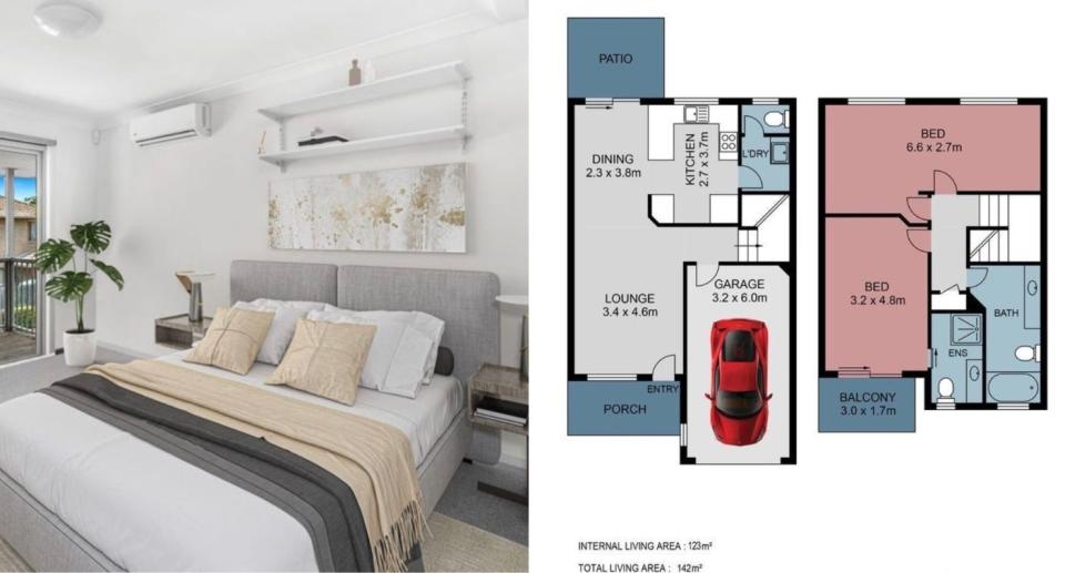 Bedroom in rental townhouse; Townhouse floorplan