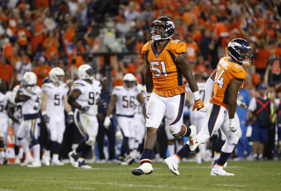 Denver Broncos linebacker Todd Davis celebrates his fourth-down stop against the Los Angeles Chargers. (AP)