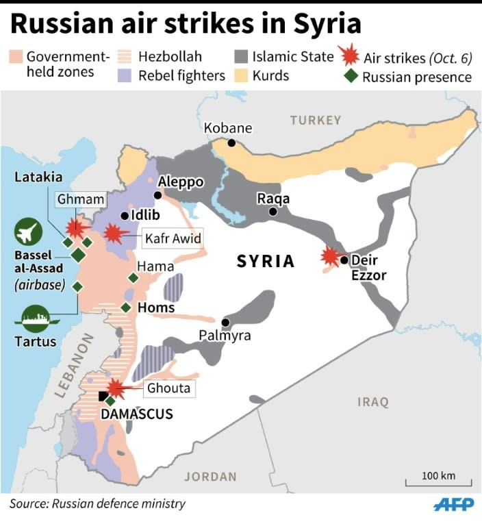 Russian bases and air strikes in Syria Tuesday, with the zones of control of the different forces on the ground