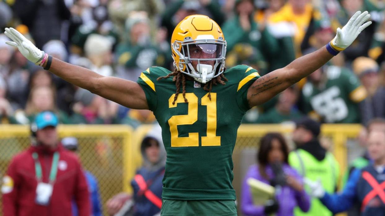 <div>GREEN BAY, WISCONSIN - OCTOBER 24: Eric Stokes #21 of the Green Bay Packers reacts in the third quarter against the Washington Football Team in the game at Lambeau Field on October 24, 2021 in Green Bay, Wisconsin. (Photo by Stacy Revere/Getty Images)</div>