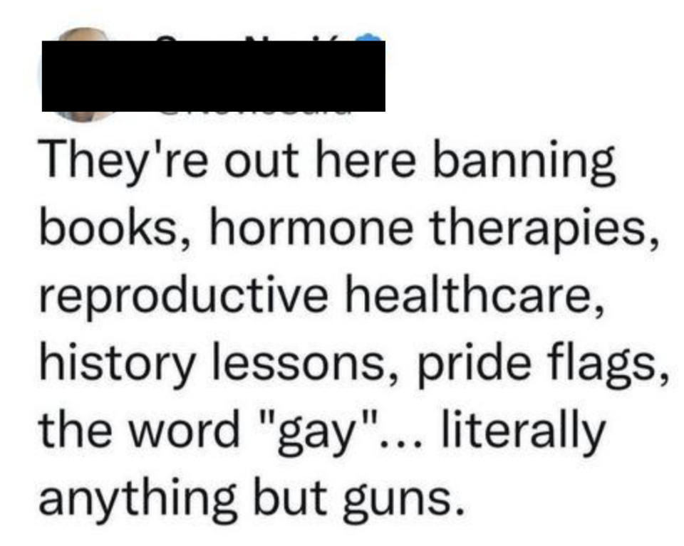 Tweet about how they're banning books, hormone therapy, reproductive healthcare, history lessons, Pride flags, the word "gay" — anything but guns