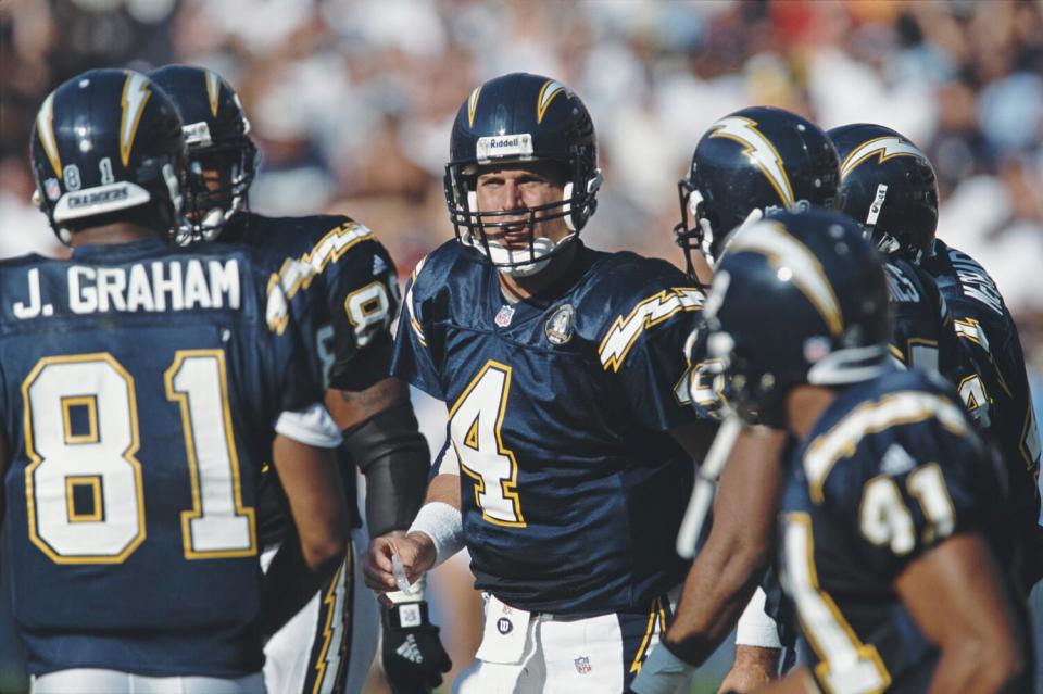 San Diego Chargers quarterback Jim Harbaugh (4) talks to his offensive line in 2000.