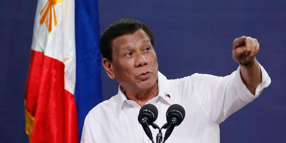 FILE - In this Aug. 27, 2019, file photo, Philippine President Rodrigo Duterte addresses land reform beneficiaries on the 31st year of the implementation of the Comprehensive Agrarian Reform Program (CARP) in suburban Quezon city, northeast of Manila, Philippines. A spokesman said Thursday, Oct. 17, 2019, Duterte was bruised and scratched from falling off his parked motorcycle at the palace grounds. (AP Photo/Bullit Marquez, File)