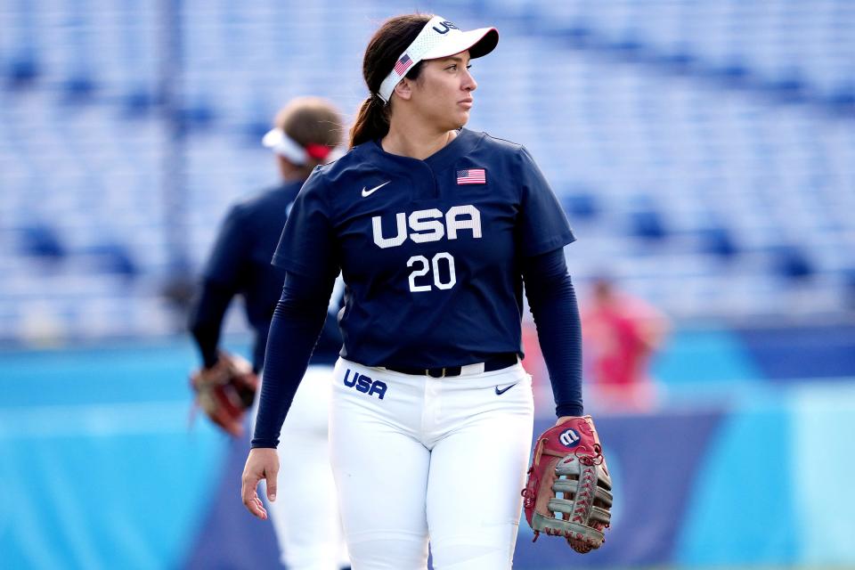 USA player Valerie Arioto (20) is pictured as team USA plays Mexico on July 24, 2021, during the Tokyo 2020 Olympic Summer Games at Yokohama Baseball Stadium in Yokohama, Japan.