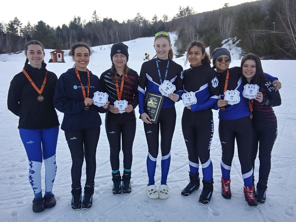 Members of the Section 9 girls Nordic skiing team pose together after the 2023 section championships. They'll compete in the state tournament Feb. 27-28. From left: Kaitlyn Morse (Monticello), Roxy DeNey-Bhagat and Hannah Ettinger of New Paltz, Wallkill teammates Andie Psilopoulos, Trinity Rivera and Katrina Brand, and New Paltz's Rory Gerber.