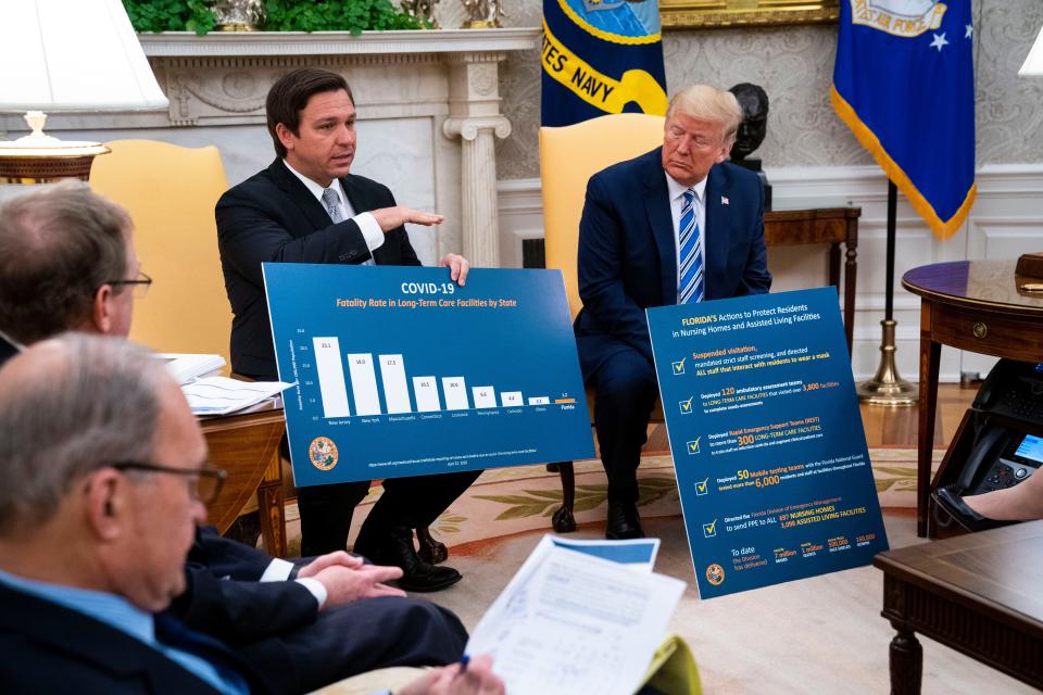 Gov. Ron DeSantis of Florida joins President Donald Trump for an event about the pandemic response at the White House in April 2020.