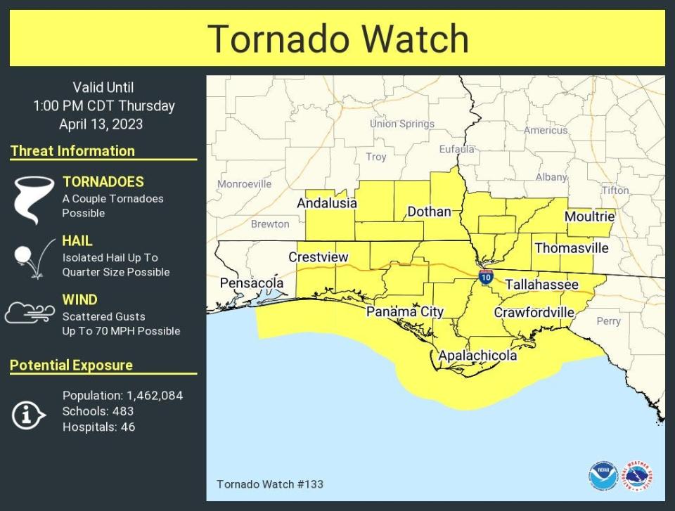 A tornado watch has been issued for portions of Florida's Panhandle April 13, 2023.