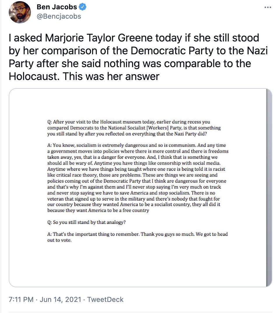 A tweet showing Rep. Marjorie Taylor Greene's response