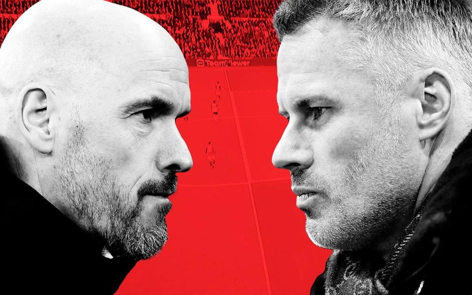 Erik ten Hag (L) Jamie Carragher (R) - Erik ten Hag comes out swinging over Man Utd future and accuses Jamie Carragher of having an agenda