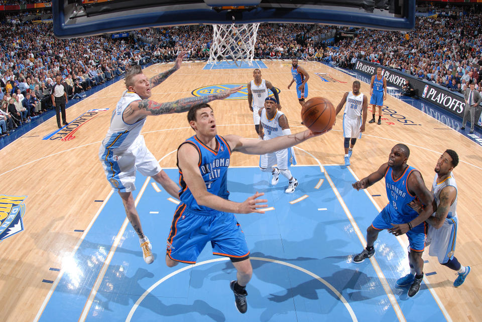 Nick Collison, one of only two remaining players who’d been with the Thunder since their arrival in Oklahoma City, announced his retirement on Thursday. (Getty)