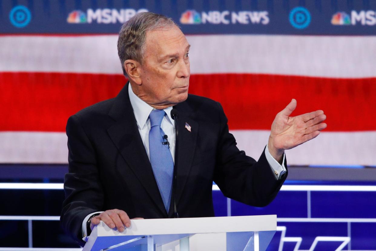 Mike Bloomberg speaks during Wednesday's Democratic presidential primary debate in Las Vegas: AP