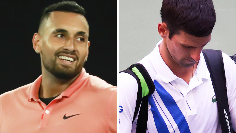 A 50-50 split image shows Nick Kyrgios on the left and Novak Djokovic on the right.