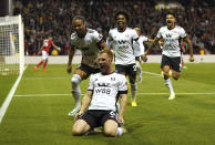 Fulham's Harrison Reed celebrates scoring their side's third goal of the game during the English Premier League soccer match between Nottingham Forest and Fulham, at The City Ground, Nottingham, England, Friday Sept. 16, 2022. (Tim Good/PA via AP)