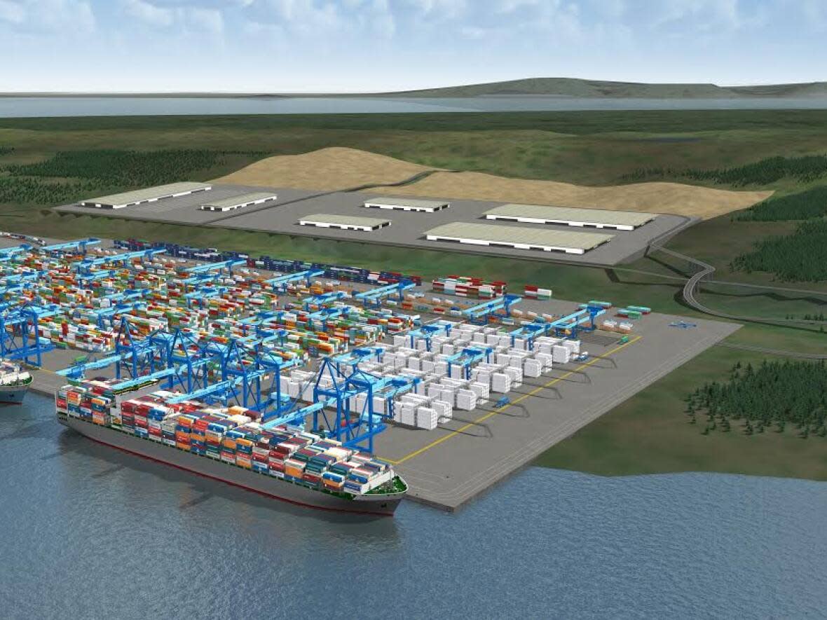 An artist's drawing of a proposed shipping container terminal on the Strait of Canso. The Nova Scotia government has given the project's backers an additional two years to start construction. (Melford International Terminal Inc. - image credit)