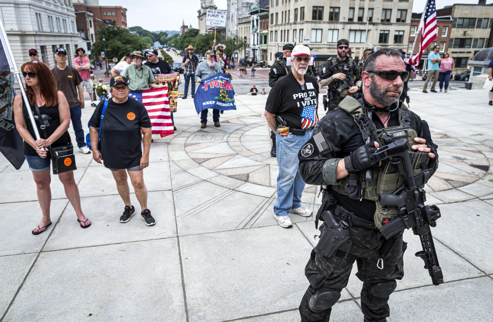 The annual "Rally to Protect Your Right to Keep and Bear Arms" is held at the state Capitol in Harrisburg, Pa., Monday, June 7, 2021. (Dan Gleiter/The Patriot-News via AP)