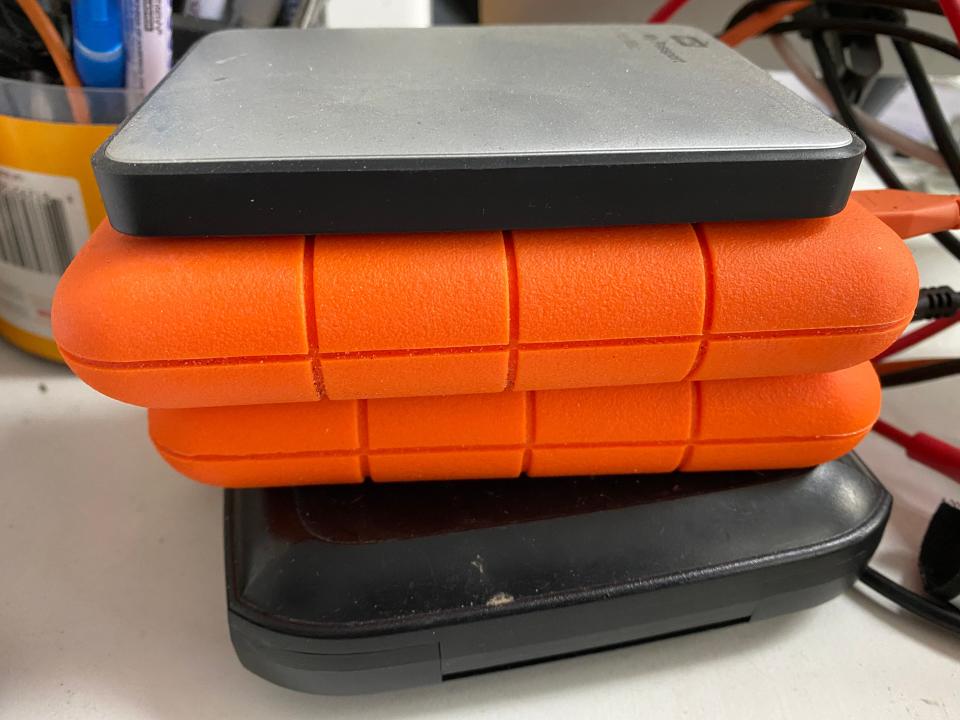 A stack of hard drives