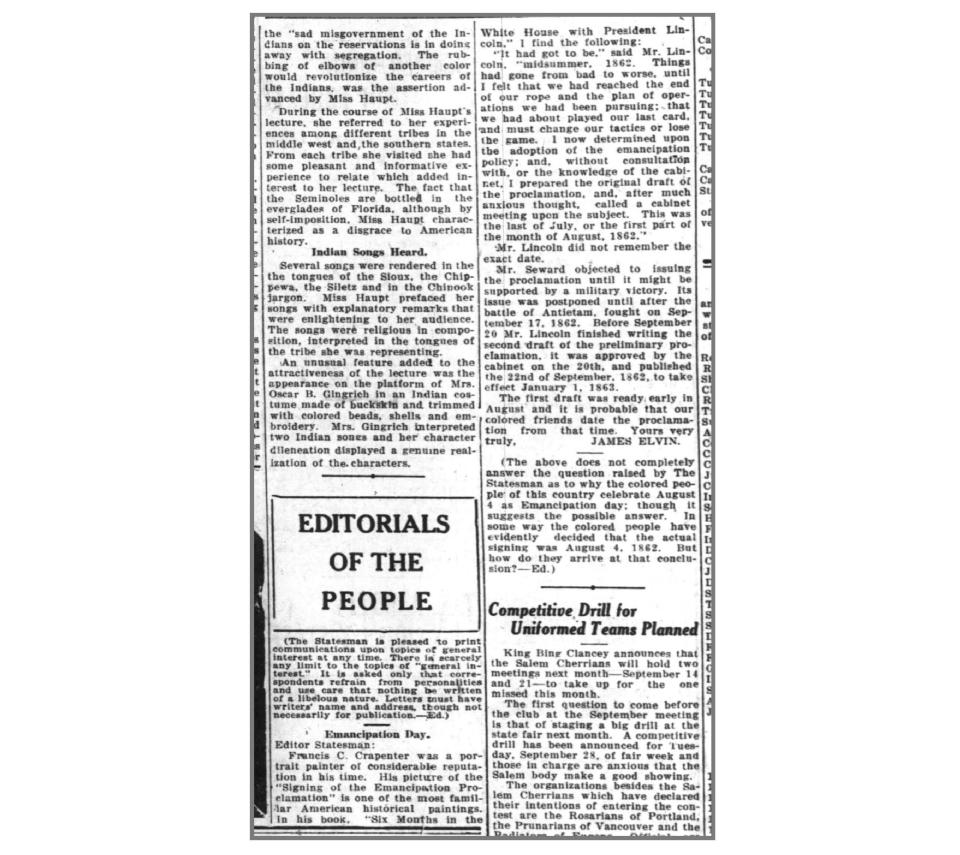 An editorial published in the Statesman Journal on Aug. 10, 1920, exploring why early celebrations of Emancipation Day in Salem took place in August.