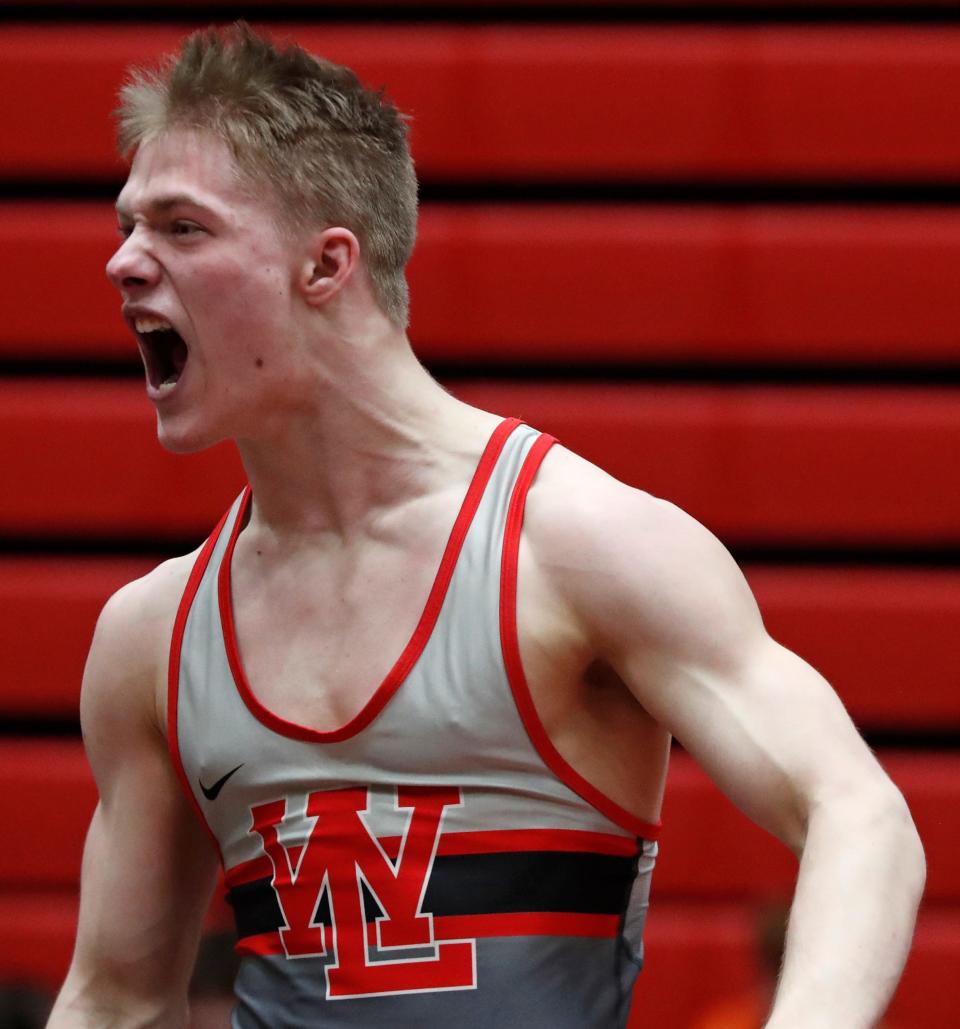 West Lafayette's Jordan Lear celebrates after winning the 138-pound championship at the Lafayette Jeff Sectional on Saturday, Jan. 28, 2023.