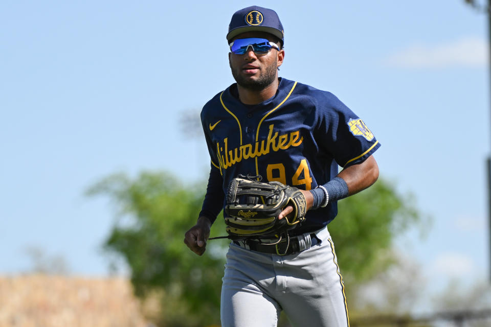 Chourio at 2023 spring training. (David Durochik/Diamond Images via Getty Images)