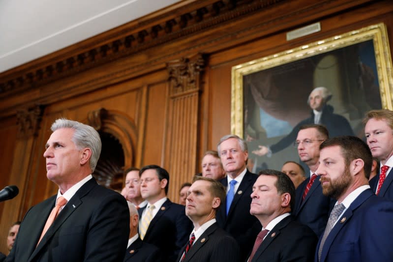 House Minority Leader Kevin McCarthy (R-CA) delivers remarks during a news conference with members of Congress following a vote in favor of impeachment, in Washington