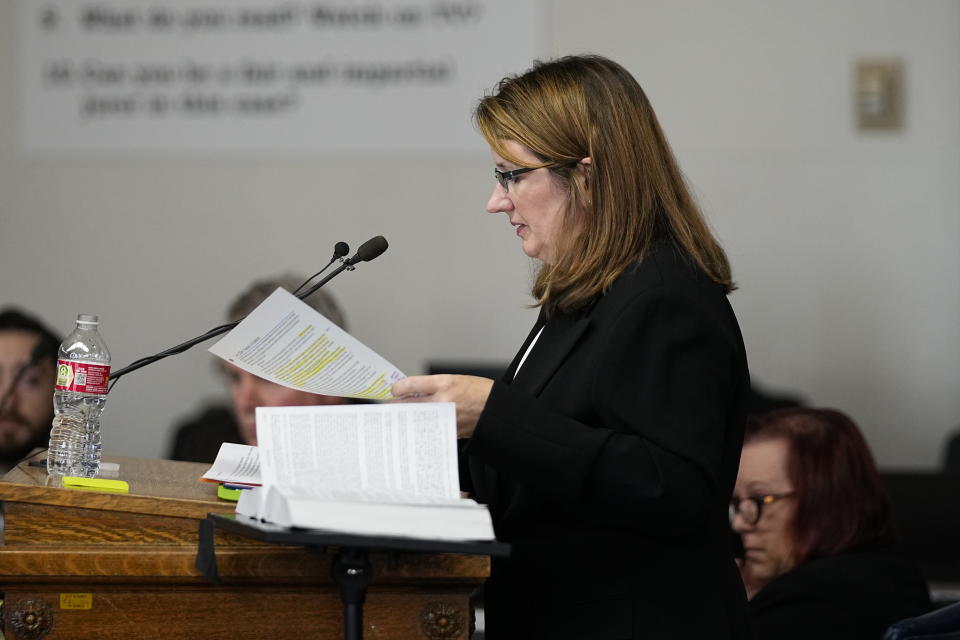 Martha Tierney, attorney for the petitioners, examines a witness during a hearing for a lawsuit to keep former President Donald Trump off the state ballot in court Wednesday, Nov. 1, 2023, in Denver. (AP Photo/Jack Dempsey, Pool)