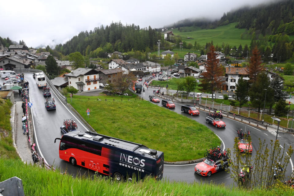 CRANSMONTANA SWITZERLAND  MAY 19 Team INEOS Grenadiers cars and bus on its way to the new start localisation during the 106th Giro dItalia 2023 Stage 13 a 75km stage from Le Chable to CransMontana  Valais 1456m  Stage shortened due to the adverse weather conditions  UCIWT  on May 19 2023 in CransMontana Switzerland Photo by Tim de WaeleGetty Images