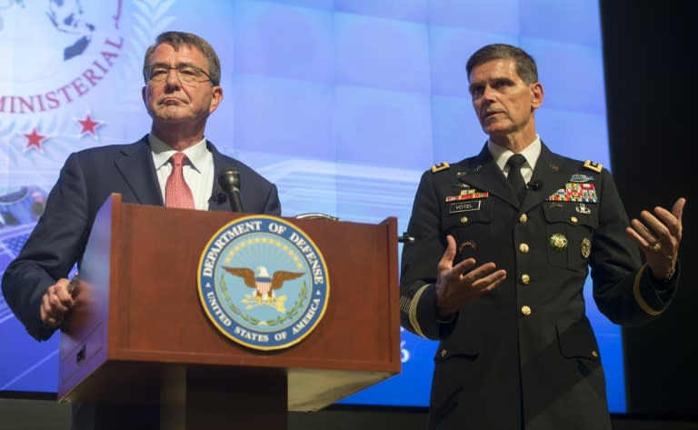 US Secretary of Defense Ashton Carter and US General Joseph Votel (R) hold a press conference at the conclusion of a meeting of defense ministers of the Global Coalition to Counter ISIL at Joint Base Andrews in Maryland, July 20, 2016