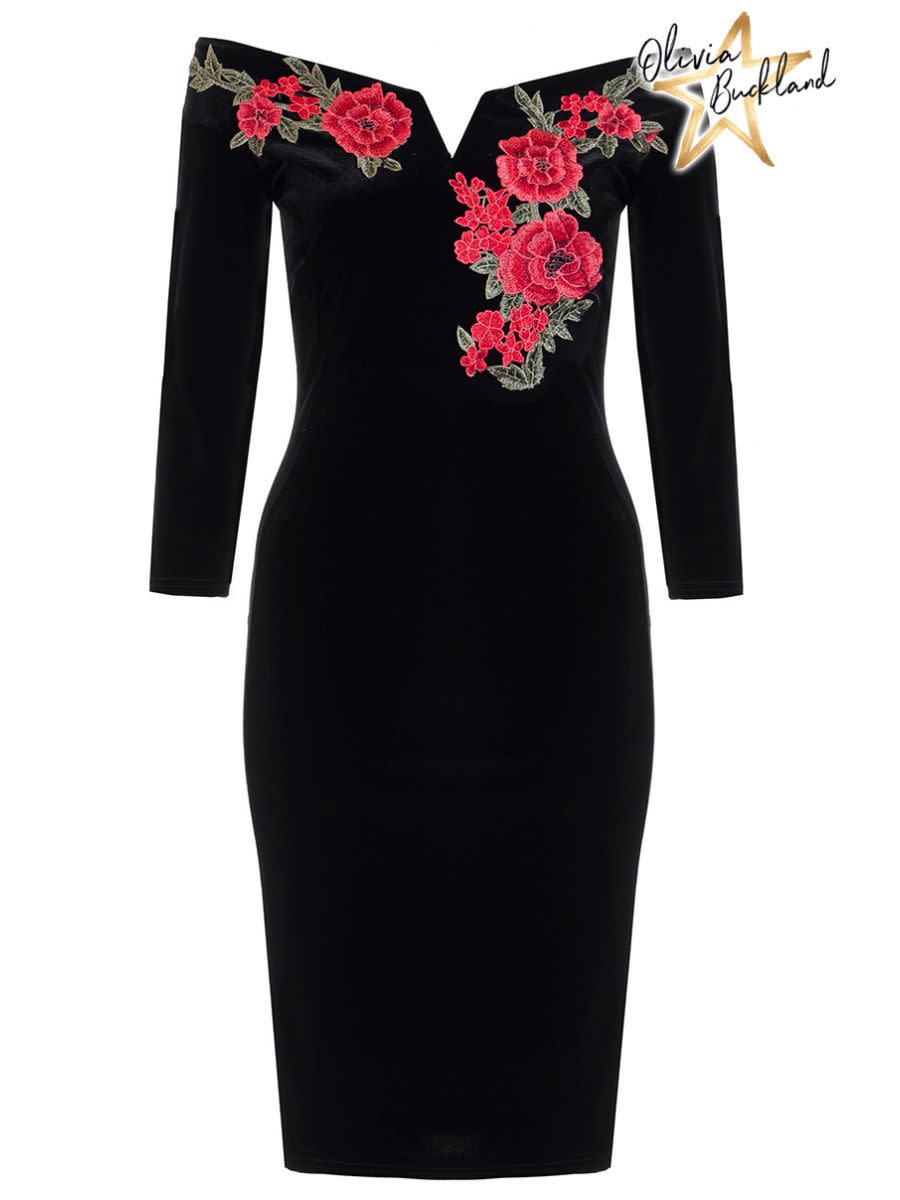 Velvet Embroidered Bardot Dress