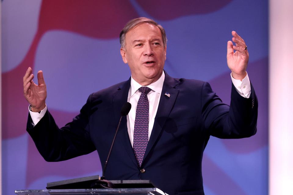 LAS VEGAS, NEVADA - NOVEMBER 18: Former Secretary of State Mike Pompeo speaks to guests at the Republican Jewish Coalition Annual Leadership Meeting on November 18, 2022 in Las Vegas, Nevada. The meeting comes on the heels of former President Donald Trump becoming the first candidate to declare his intention to seek the GOP nomination in the 2024 presidential race. (Photo by Scott Olson/Getty Images) ORG XMIT: 775900046 ORIG FILE ID: 1442669009