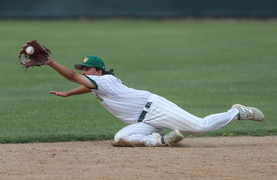 Jesus Rivera of CVHS makes an amazing play to keep the ball in the infield against San Bernadino in the CIF Division VIII tournament in Coachella, Calif., May 10, 2024.