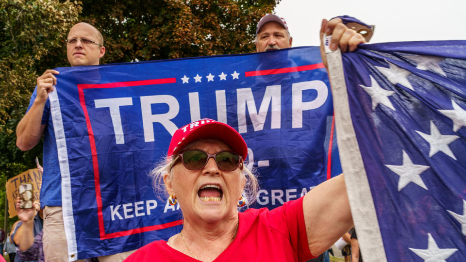 Supporters demonstrate in front of the Kenosha, Wisconsin, Courthouse on September 01, 2020, during the visit of US President Donald Trump. (Kerem Yucel/AFP via Getty Images)