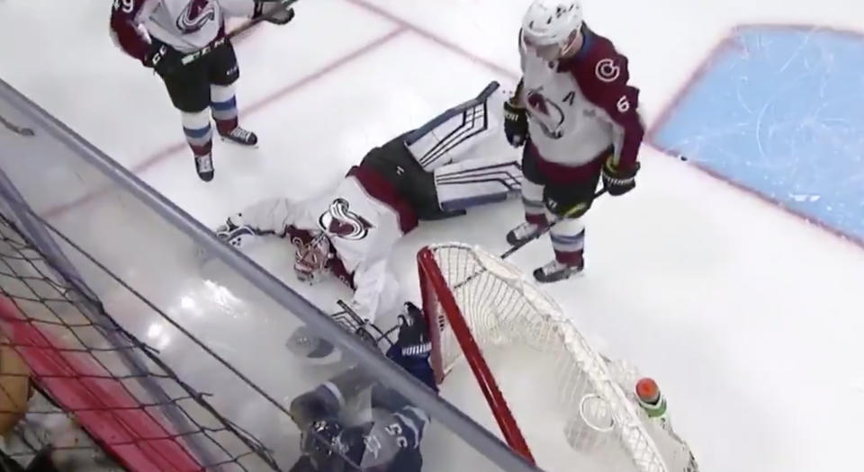 Colorado's goaltender Pavel Francouz was ran over by Winnipeg's Mark Scheifele in the opening minute of Tuesday's game. (Twitter//@JoshTessler_) 