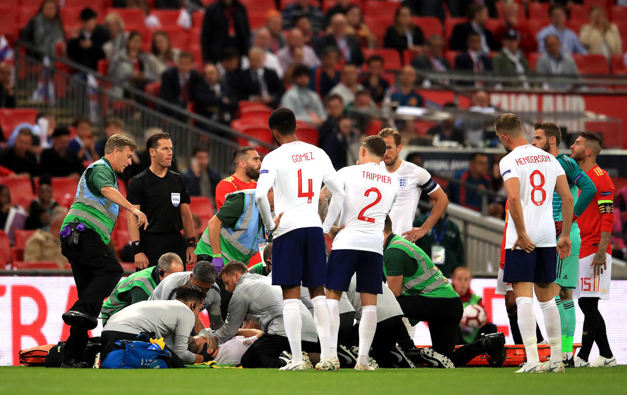 Luke Shaw was wheeled off on a stretcher after a collision with Dani Carvajal