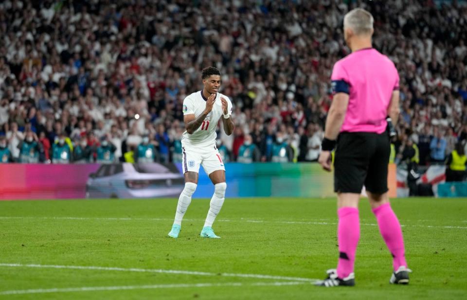 Marcus Rashford of England reacts after missing against Italy (Getty Images)