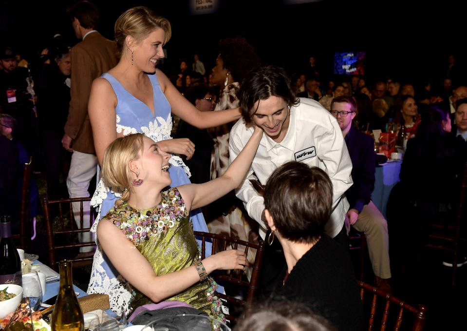 Greta Gerwig, Saoirse Ronan, and Timothée Chalamet at an event