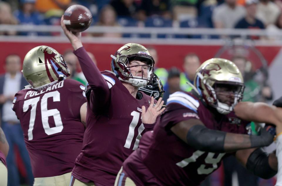 Michigan Panthers quarterback Carson Strong throws downfield during their game at Ford Field in Detroit on Saturday, May 13, 2023. The Maulers beat the Panthers, 23-7.