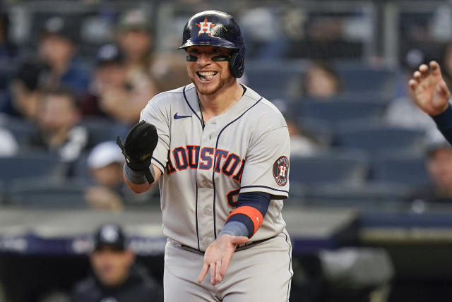 Astros' Javier pitches in coffee-stained uniform after pregame