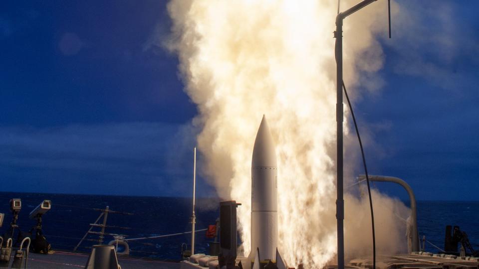 A U.S. Navy ship launches an SM-6 during a live-fire test of the Aegis weapons system. (U.S. Navy)