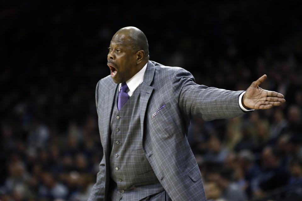 FILE - In this Saturday, Jan. 11, 2020, file photo, Georgetown head coach Patrick Ewing yells to his team during the first half of an NCAA college basketball game against Villanova, in Philadelphia. In a statement issued by Georgetown on Friday, May 22, 2020, Ewing has tested positive for COVID-19. (AP Photo/Matt Slocum, File)