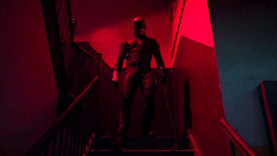 Matt Murdock (Charlie Cox) emerges from his stairwell fight in Daredevil season two.