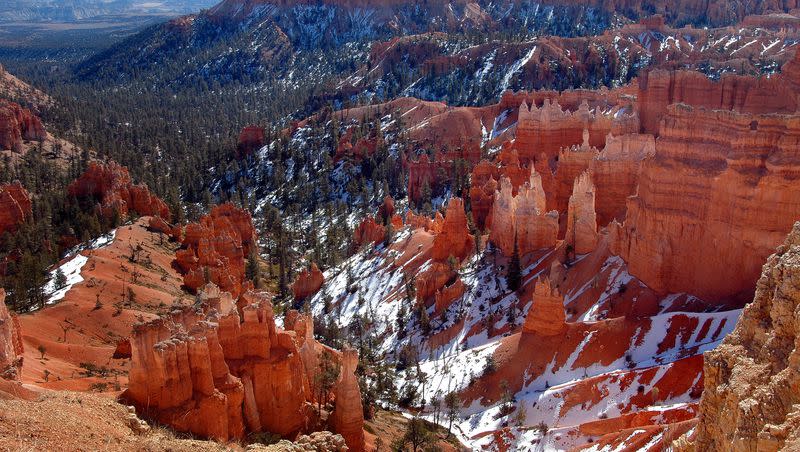 View from Bryce Canyon overlook into snow covered canyon, Utah. Police are investigating human remains that were found by shed hunters on Memorial Day in the Dry Hollow area in Garfield County.