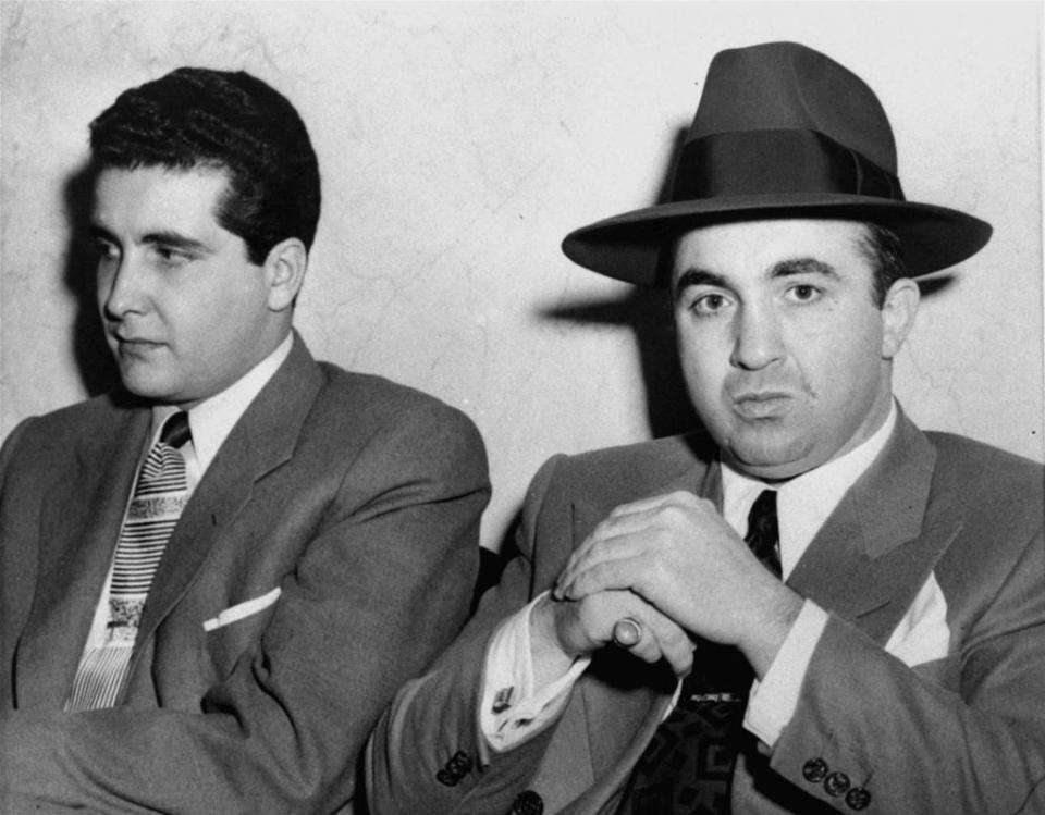 California gangster Johnny Stompanato (l) with mafia chief Mickey Cohen; the duo intended to extort Lana Turner, but Stompanato ended up falling in love with her. Courtesy Associated Press/