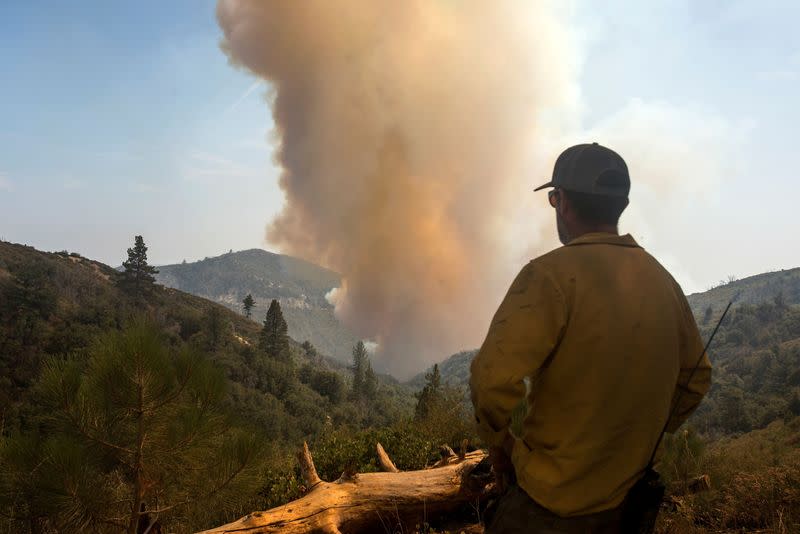 FILE PHOTO: A firefighter watches as smoke rises from a wildfire burning in the Angeles National Forest. during the Bobcat Fire in Los Angeles