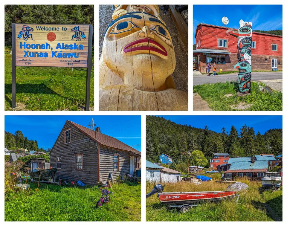 Collage showing welcome to Hoonah sign, totem poles, an old house, and a boat.
