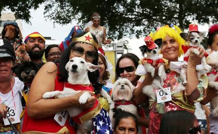 Carnival revellers and their dogs take part in the "Blocao" or dog carnival parade during carnival festivities in Rio de Janeiro, Brazil, February 25, 2017. REUTERS/Sergio Moraes