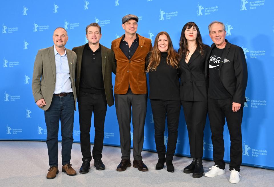 (L to R) executive producer Drew Vinton, producer Matt Damon, director Nenad Cicin-Sain, producer Sarah Anthony, executive producer Jennifer Pitcher, and screenwriter Bill S. Carter attend a photocall for the film "Kiss the Future" presented in the Berlinale Special Gala section at the Berlinale, Europe's first major film festival of the year, on February 19, 2023 in Berlin. 