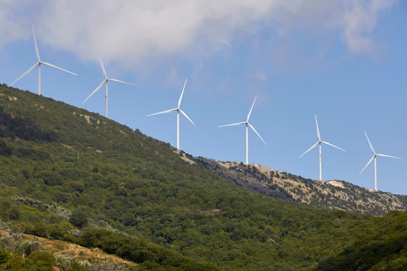 Wind turbines of the Mozura wind farm are seen in Ulcinj, Montenegro